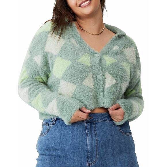 Cotton On argyle fluffy eyelash knit polo cropped cardigan in green Size Small - Picture 15 of 15
